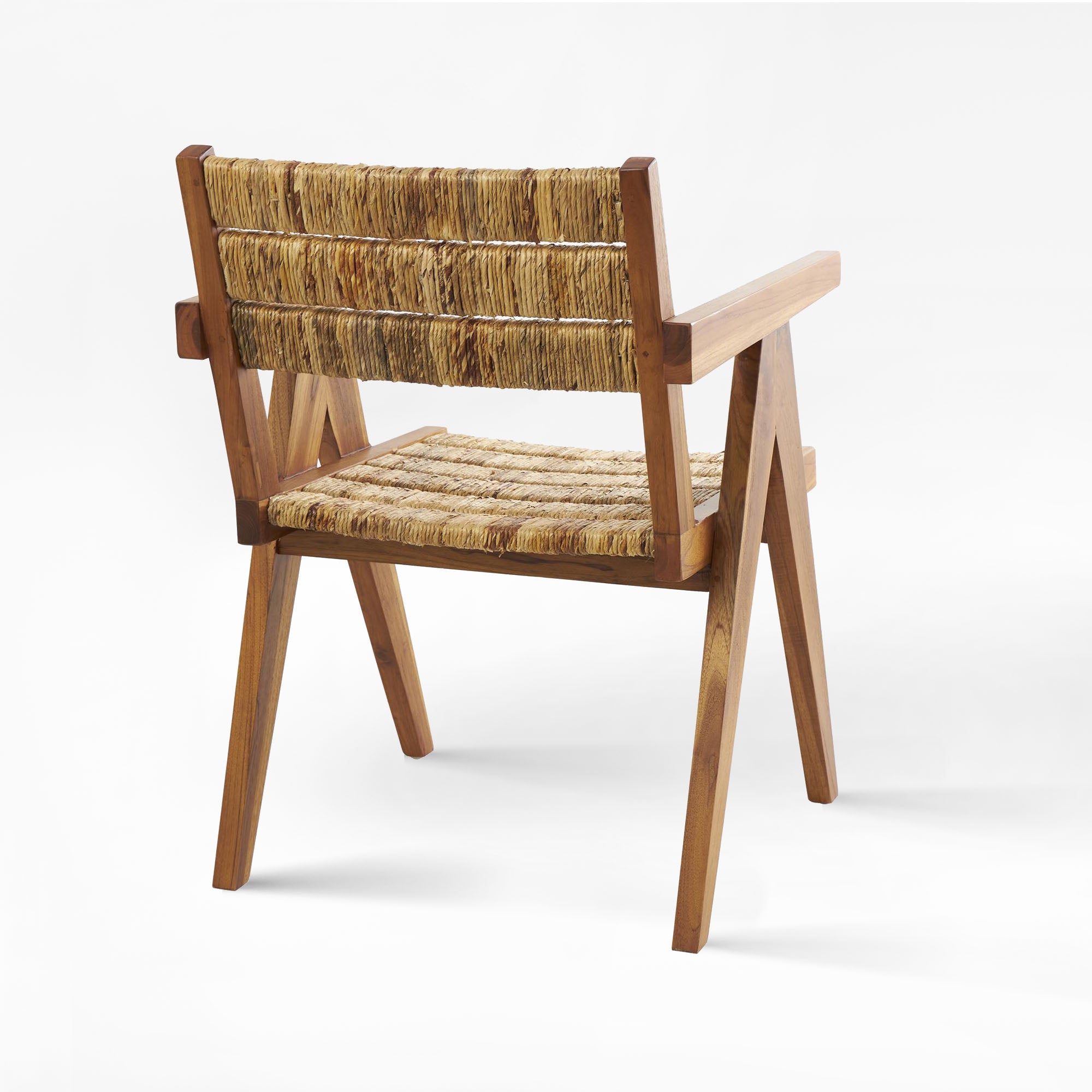 Brown Teak Wood Handmade Mid-Century Accent Chair With Wrapped Banana Leaf Seat