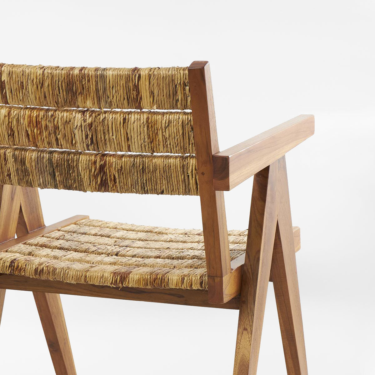 Brown Teak Wood Handmade Mid-Century Accent Chair With Wrapped Banana Leaf Seat