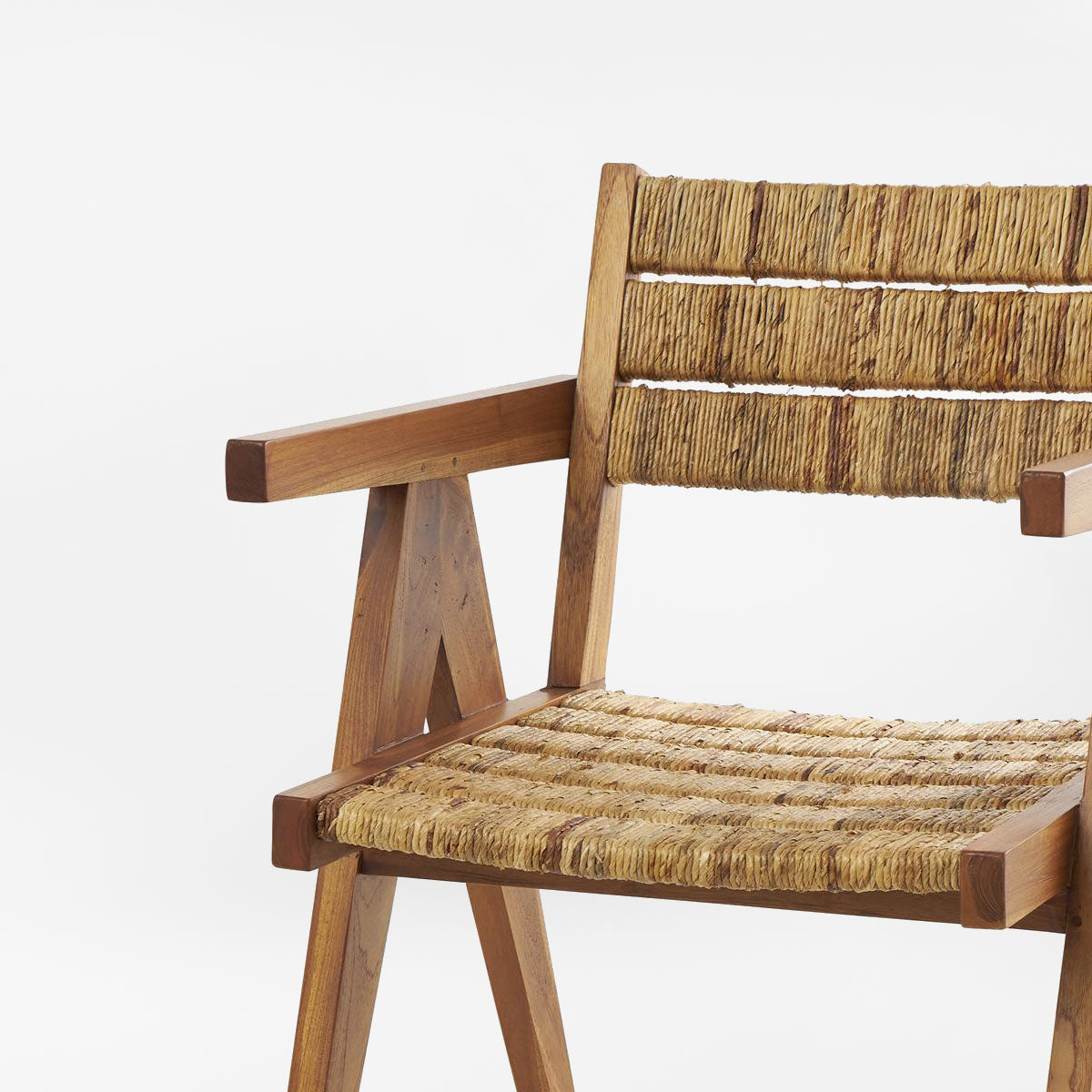 Brown Teak Wood Handmade Mid-Century Accent Chair With Wrapped Banana Leaf Seat