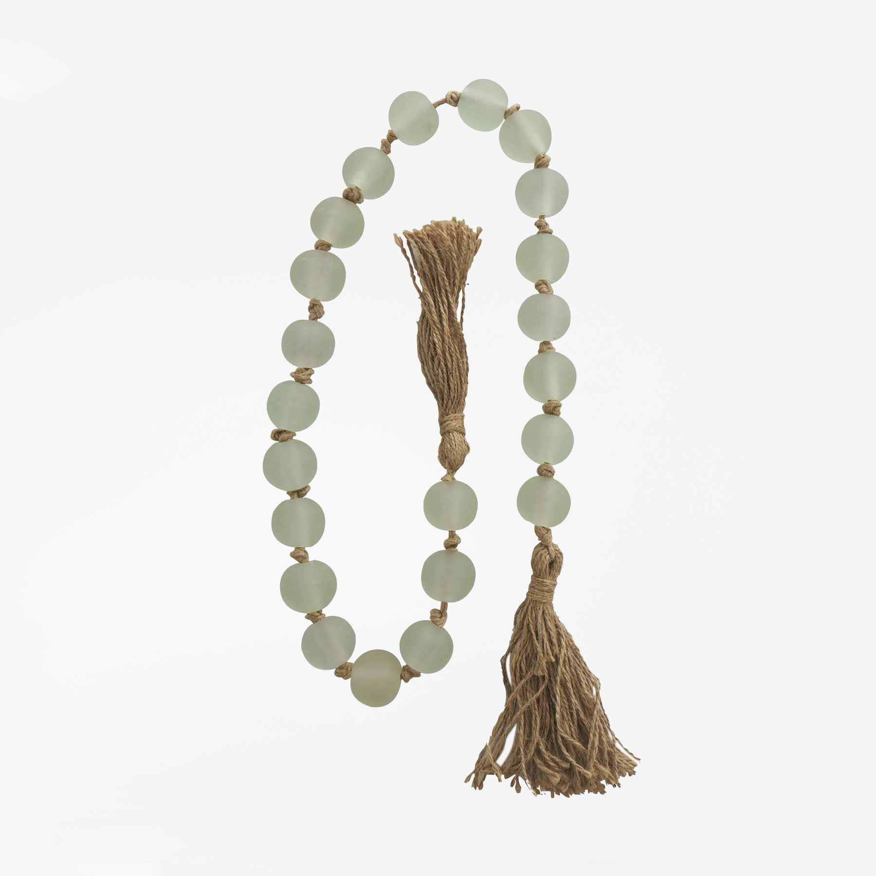 Green Glass Handmade Round Frosted Beaded Garland With Tassel With Knotted Brown Jute