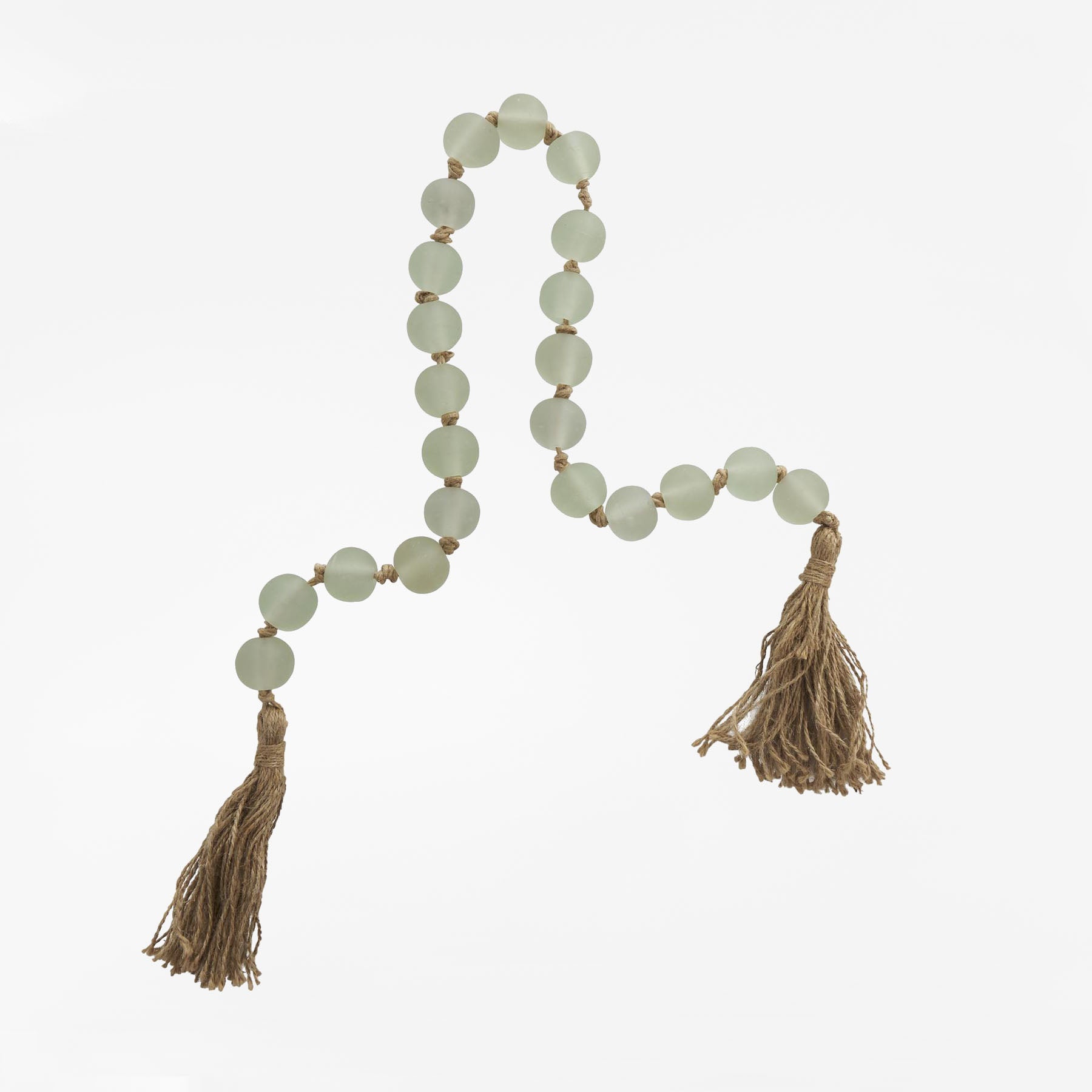 Green Glass Handmade Round Frosted Beaded Garland With Tassel With Knotted Brown Jute